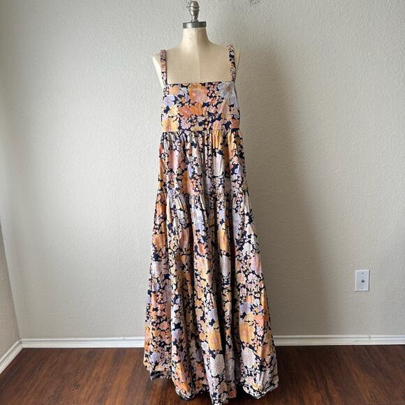 FREE PEOPLE Park Slope Maxi Dress Orange Floral Tiered Swing Boho Fairy - Picture 3 of 14